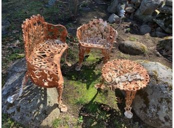 3 Pieces Of Classic Cast Iron Garden Furniture. Some Legs Will Need To Be Reattached.