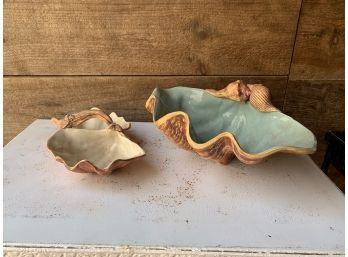 2 Artist Signed Shell Decorated Bowls  11x15 & 6x11
