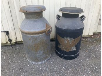 2 Large Vintage Milk Cans One With Eagle Decoration