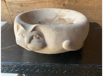 Polished Cement Bowl With Cat Decoration - 12 Inches