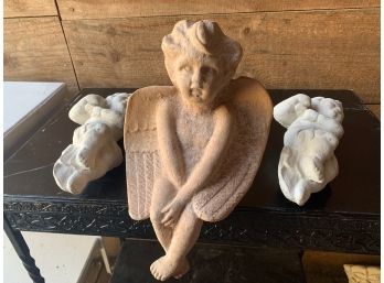 Pair Of Chalk Putti's And Sitting Angel