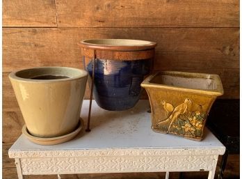 3 Ceramic Pots - One With Iron Stand