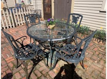5 Pc Iron Patio Set Table 42 Inch Round.  Some Breaks On Chairs.