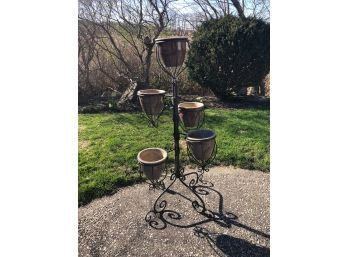 Beautiful Iron Work Planter Stand With 5 Original Pots - 27 Inches Wide - 47 Inches Tall