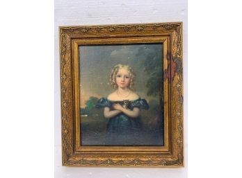 18th C Oil Painting Under Glass Of Girl In Blue Dress With Cat13x15 Framed