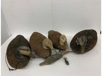 Four Working Decoys - Cork Body With Carved Wood Heads