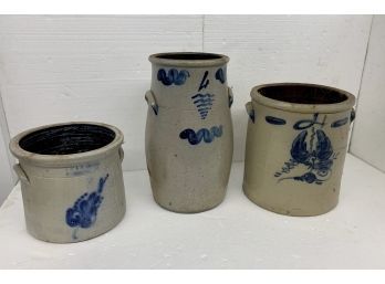 Three Stoneware Crocks With Blue Decoration  -  As Is - Cracks