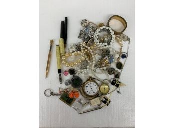 Jewelry Lot Including Pocket Watch And Fountain Pen Etc