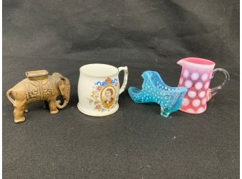 Small Vintage Elephant Bank With Misc Glasswares