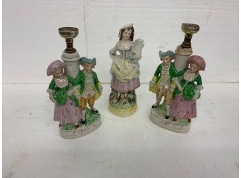 Pr Of Staffordshire Lamps And Figurine One Lamp As Is