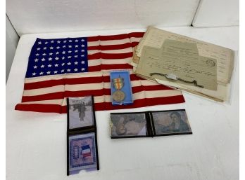 Misc WW1 Lot Including Medal And 48 Star Flag