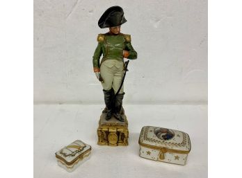 Three Piece Napoleon Lot.  - Statue Is 10.5 Inches.  -  One Box Is Cracked