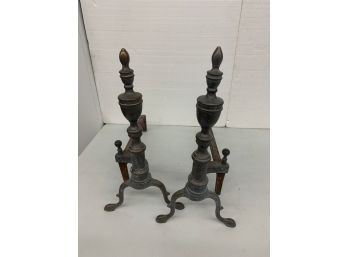 Brass Andirons  Signed NEB Co. 16 Inch Tall 18 Inch Deep