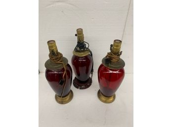Three Cranberry Glass Lamps 15 Inch