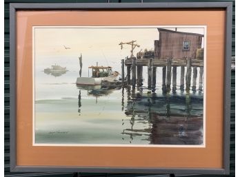 Signed Leon Phinney 1972 Watercolor Lobster Wharf -21x15.5