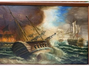 Oil On Canvas Naval Battle 23x33