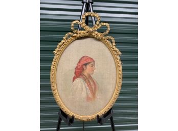 19th C Portrait Of Woman In Gold Ribbon Oval Frame - 6.5x9