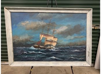 Large Signed 1971 H. Banality Ship Oil On Canvas - 28x39.5 Framed