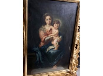 Large Oil On Canvas Under Glass Old Master Style Mother And Child In Gesso  Signed Luis Pisani Frame 44x58
