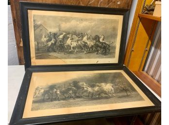 Pair Of Early Prints  - Coming Form The Fair - The Horse Fair - 17x31