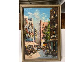 Signed Oil On Canvas -street Scene - 28x40