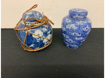 2 Blue Decorated Ginger Jars One Is Sealed