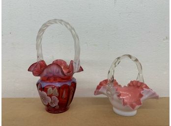 2 Cranberry Glass Baskets, One Is Fenton Inspired As Marked