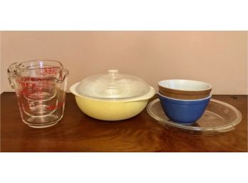 Vintage Covered Pyrex Casserole - 2 Pyrex Ovenware Bowls - 3 Measuring Cups  - Etched  Pieplate