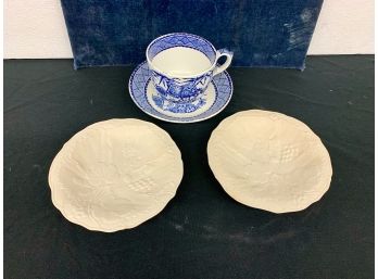 Bamboo Pattern Lg Cup And Saucer And 2 Parian Plates