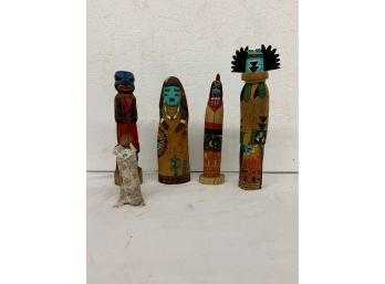 4 Native American Carvings And Papouse Signed