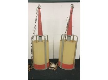 Pair Of Large Vintage Theatre Lobby Hanging Lights.  One Has Crack In Shade