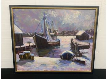 Gloucester Harbor Scene Signed Oil On Canvas In Winter