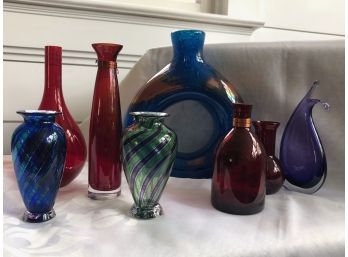 8 Art And Studio Glass Vases. 3 Signed By Artist- 1 By Janet Zug, 2 By Angelo Fico. 2 Have Copper Wire