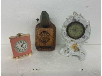 Misc Lot Of 2 Clocks  A Bell On Wooden Stand