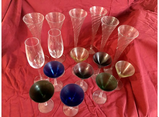 Stemware Including 2 Tiffany & Co. Flutes, 8 Multicolor Cordials And Six 10 Inch Swirled Flutes