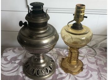 Bradley & Hubbard Oil Lamp And A Vaseline Glass Converted Oil Lamp