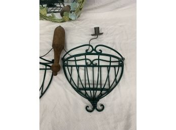 Misc Lot Including 2 Wire Wall Pockets, Small Candelabra And A Decorative Mirror