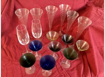 Stemware Including 2 Tiffany & Co. Flutes, 8 Multicolor Cordials And Six 10 Inch Swirled Flutes