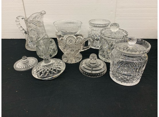 Lot Of Cut And Pressed Glass Including One Waterford Jar