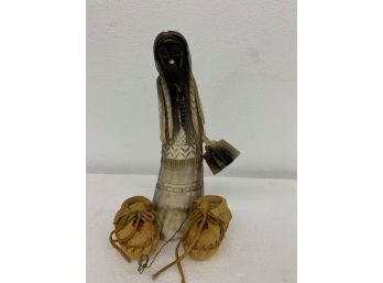 Horn Carved Native American Woman And Pr Of Mini Beaded Moccasins