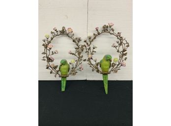 Pair Of Hanging Ceramic Parrot With  Floral  Decoration As Is