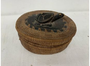Covered Basket With Turtle Carving