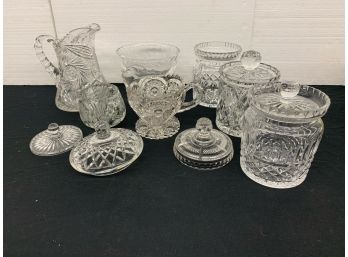 Lot Of Cut And Pressed Glass Including One Waterford Jar