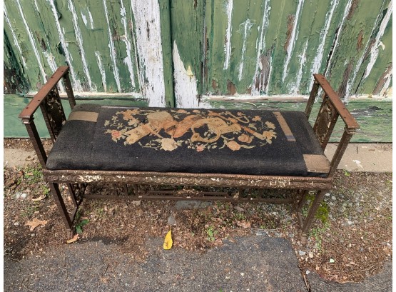 Antique Iron Bench With Needlepoint Seat.  15x42x24