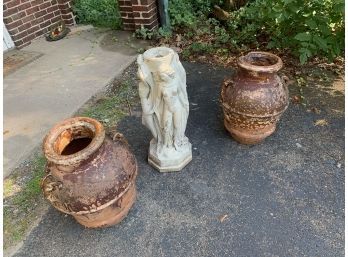 Pair Of Classical Urns And Pedestal.  Condition Of Urns Is Poor