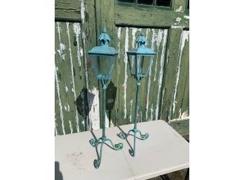 Pair Of Lanterns On Stands 36 Inches Tall - 1 Glass Panel Missing