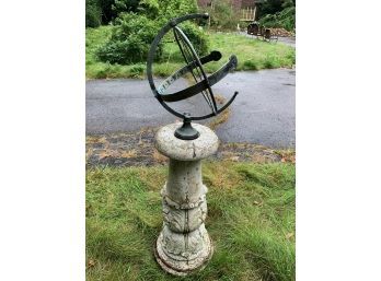 Garden Armillary Sphere On Detailed Cement 32 Inch Pedestal.   Overall 50 Inches.