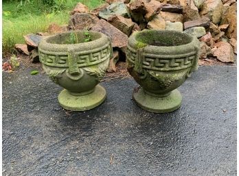 Pair Of Cement Greek Key Urns 13 Inches Tall