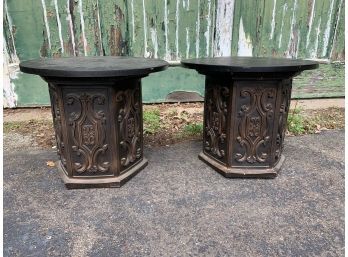 Pair Of Garden Stands With Round Slate Tops. 19.5 Inches Tall