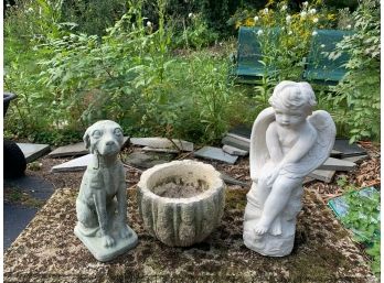 3 Misc Garden Pieces. A Dog - An Angel And A Decorative Pot